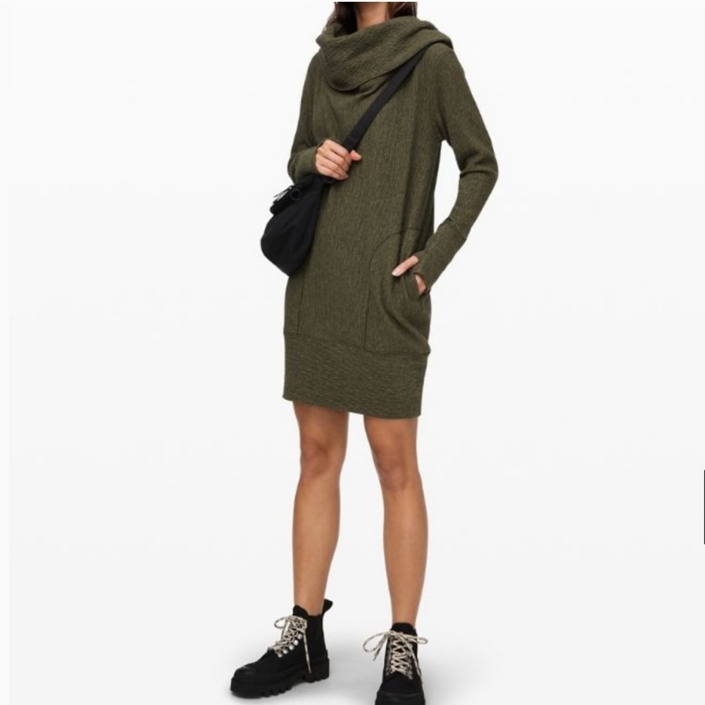 Lululemon Along The Way Heathered Dark Olive Cowl Sweater Dress Small